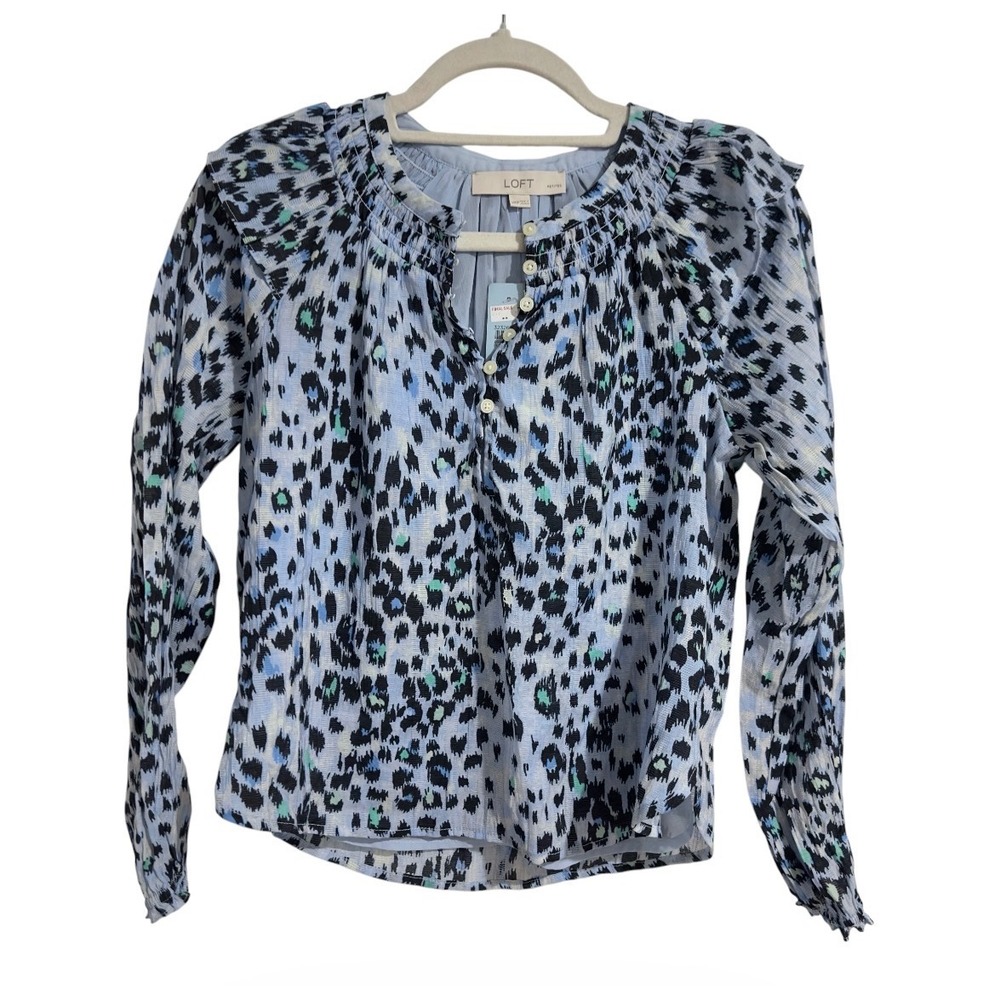 LOFT Petites Blue Leopard Animal Print Smocked Neck Ruffle Blouse XXSP New